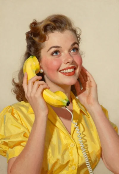 Oil painting portrait of smiling woman with banana phone