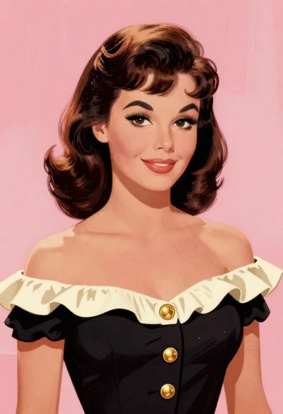 Vintage comic book illustration of woman in black offtheshoulder top with cream