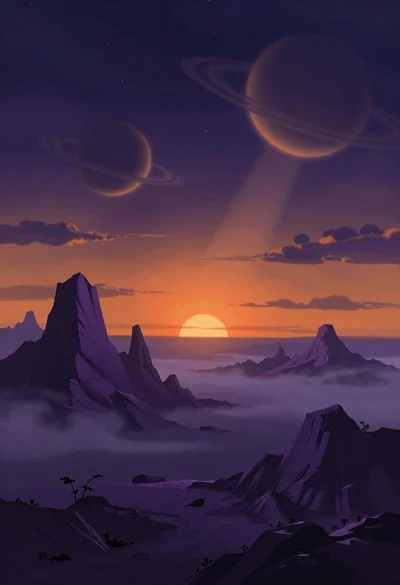 Surreal alien landscape under cosmic sky