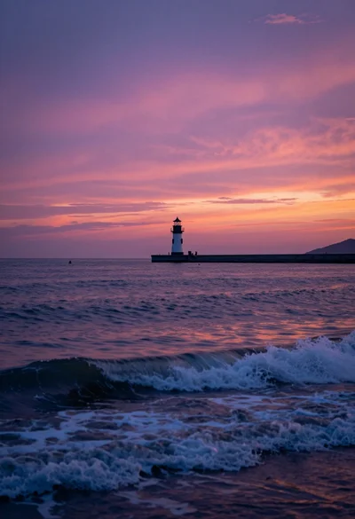 Serene seascape at twilight featuring a solitary lighthouse on a distant pier