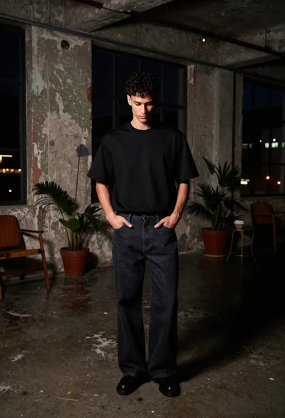 Young man in black t shirt standing in dimly lit industrial loft
