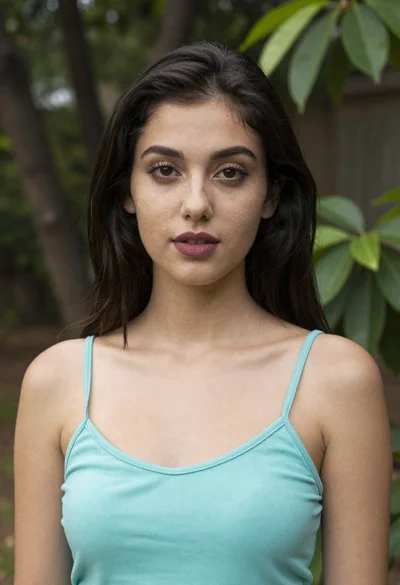 Portrait of young woman in light teal camisole in garden