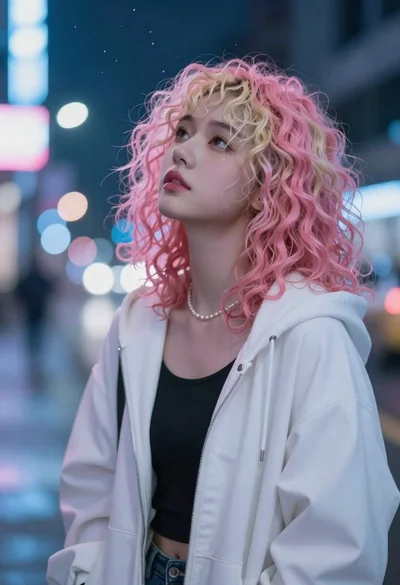 Young woman gazing up in a neon city nightscape