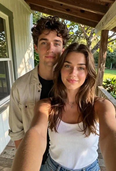 Young couple taking a selfie on a rustic porch at sunset