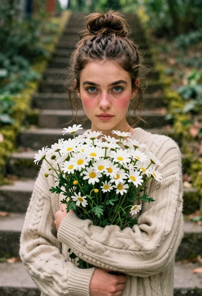 Young woman in beige sweater holding white daisies in a forest