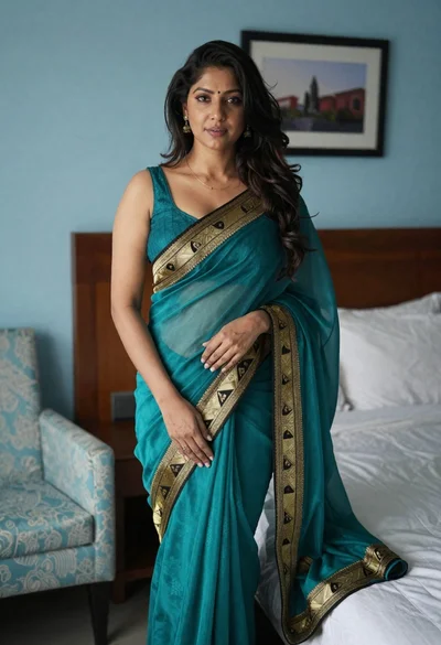 Woman in teal saree standing in a light blue decorated bedroom setting