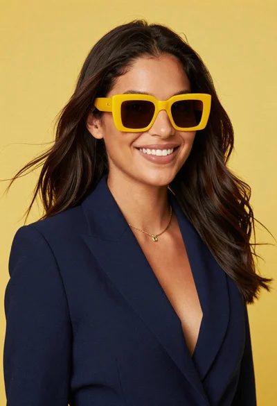Portrait of smiling woman in navy blazer and yellow sunglasses
