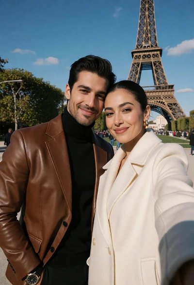 Couple taking a selfie near eiffel tower under bright blue sky
