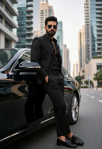 Man in black suit leaning against luxury sedan on modern city street