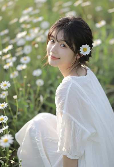 Young woman with dark hair sitting in sunlit meadow of white daisies