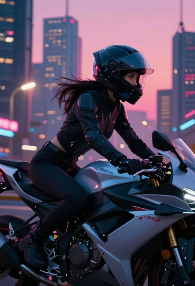 Futuristic biker on motorcycle through neon cityscape
