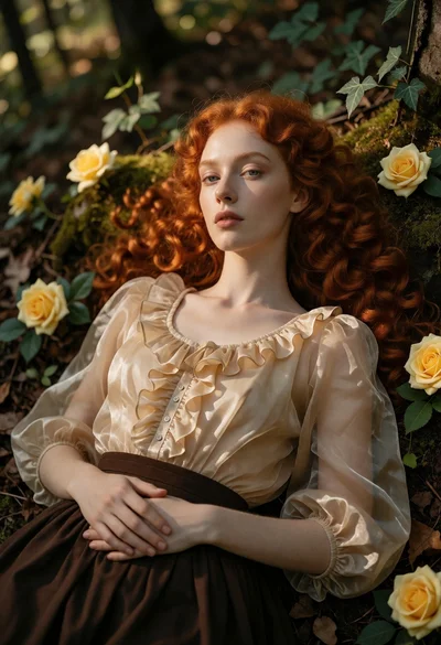Fairskinned woman with red hair lying in a mossy forest garden setting