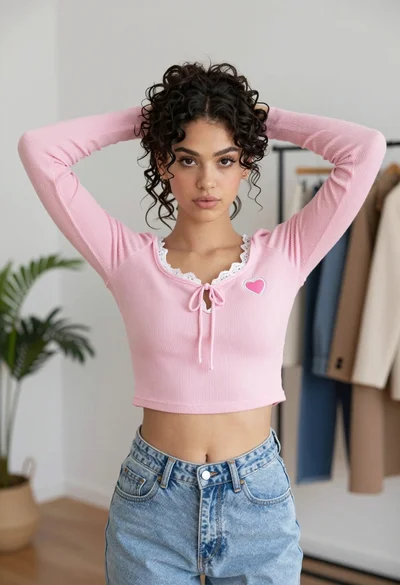 Young woman in pink crop top and jeans indoors with messy bun