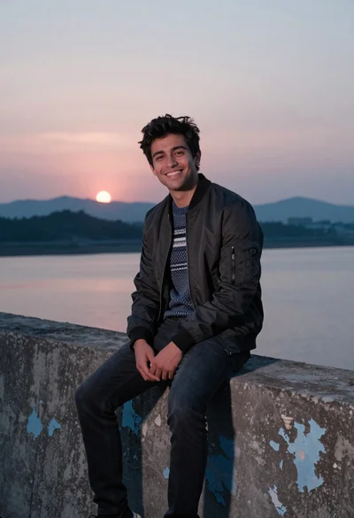 Smiling man sitting on concrete ledge overlooking sunset over calm water
