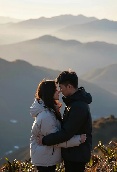 Romantic couple embracing on misty mountains during golden hour sunrise