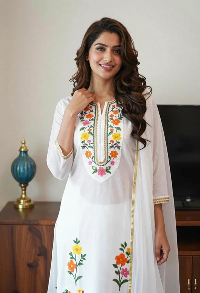 Smiling woman in floral kurta dress indoors with sheer dupatta drape