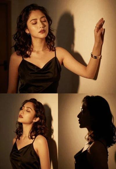 Cinematic portrait collage of woman in black satin dress with golden lighting