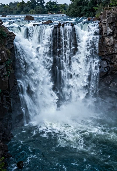 Majestic wide waterfall cascading over dark rocky cliffs into deep blue pool