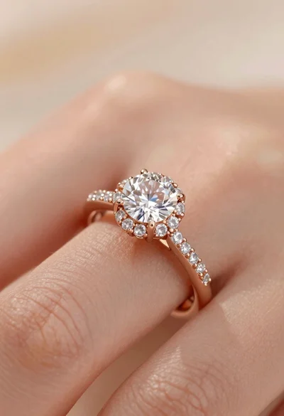 Macro shot of diamond engagement ring on finger