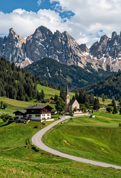 Winding road through alpine meadow toward stone buildings and mountain church