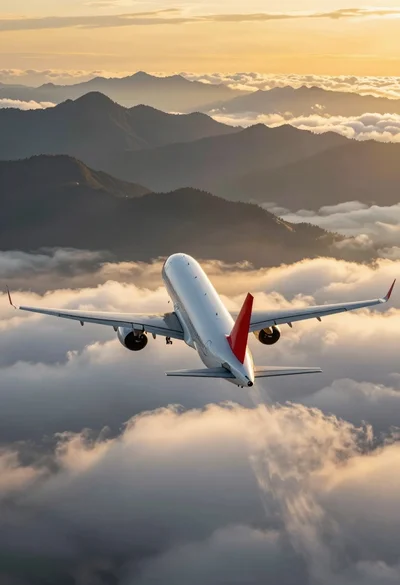 White airliner flying over sea of clouds toward distant mountain ranges