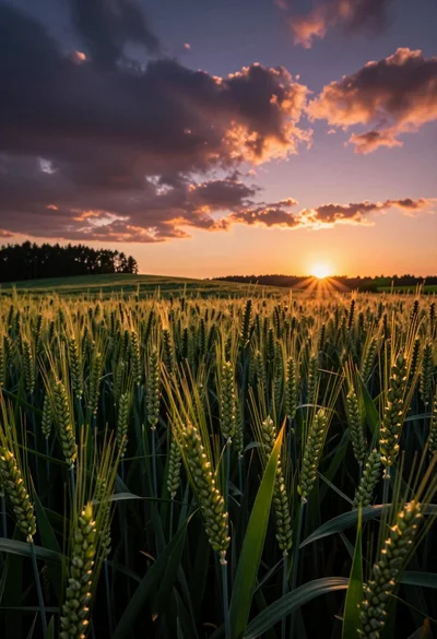 Low angle view through green wheat field toward vibrant sunset horizon