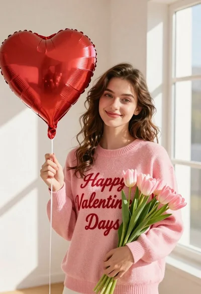 Smiling woman holding red heart balloon and pink tulips indoors