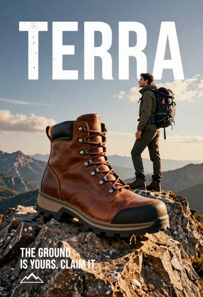 Large brown leather hiking boot on rock peak near lone hiker at