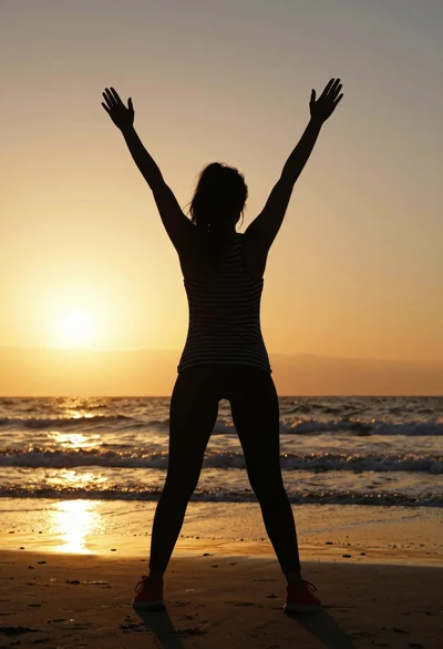 Silhouette of woman standing on beach arms raised against vibrant sunset sky