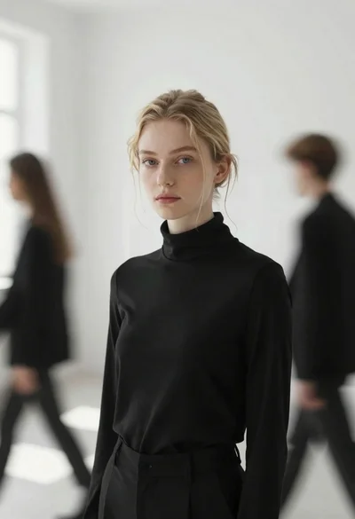 Fair skinned young woman with blonde hair in black top standing in