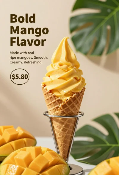 Close up advertisement of yellow soft serve ice cream in waffle cone
