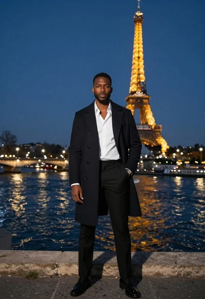 Stylish black man in overcoat against paris night skyline