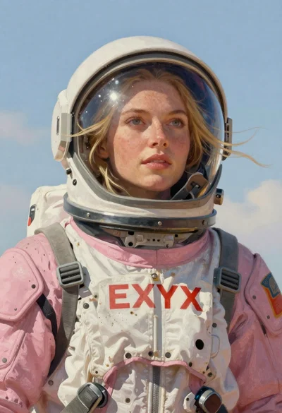 Astronaut portrait against pale blue sky background