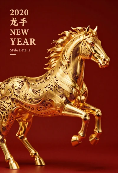 Gold filigree horse galloping against deep red background