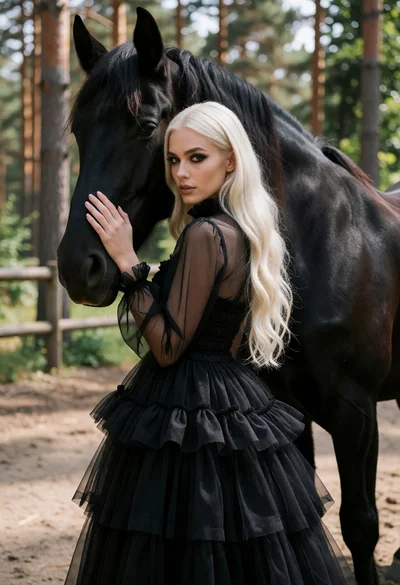 Woman in black tulle dress posing with large black horse in pine