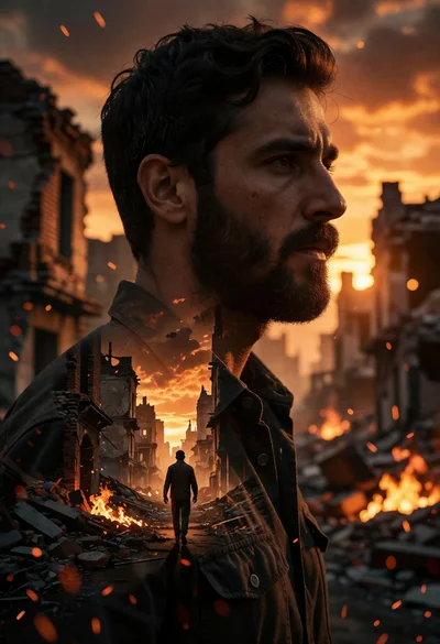 Cinematic portrait of man silhouette over war torn cityscape at sunset