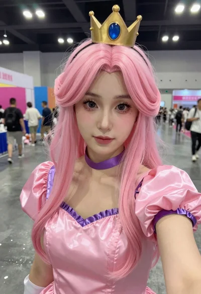 Woman cosplaying princess bubblegum at convention hall