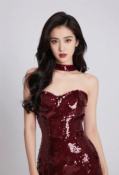 Glamorous portrait of young woman in deep red sequined gown studio setting