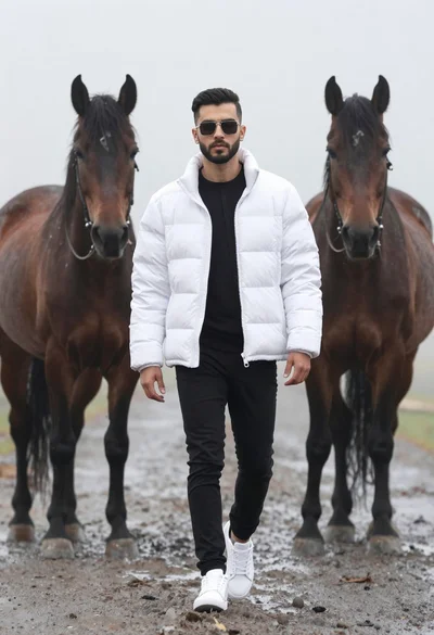 Man walking with dark horses in misty fog