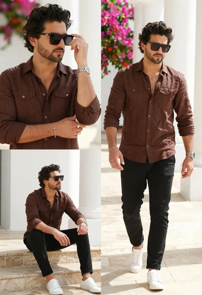 Stylish collage of handsome man in linen shirt and sunglasses outdoors