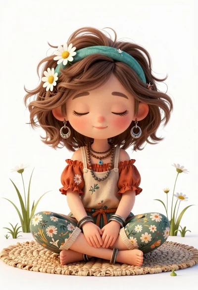 Chibi girl sitting on a rug with daisies