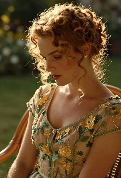 Woman with reddish blonde curly hair in vintage dress garden setting