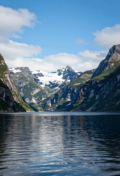 Serene fjord landscape with towering mountains and reflective calm water under bright