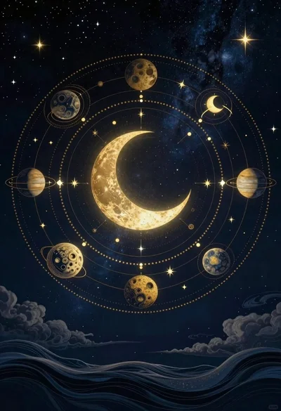 Celestial mandala with moon and planets in deep blue