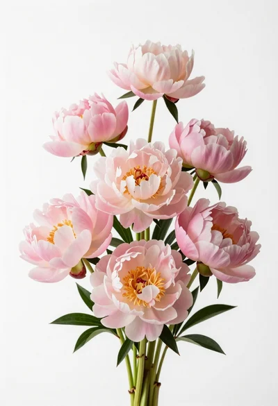 Vertical bouquet of peonies on a white background