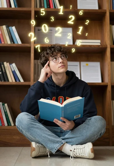 Young man thinking with glowing numbers near wooden bookshelf indoors