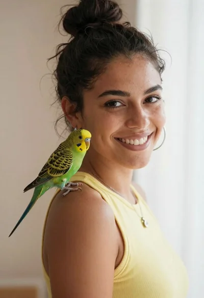 Smiling woman with dark hair in bun and green parakeet on shoulder