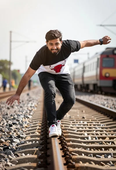 Smiling man balancing on railway tracks with blurred train in background