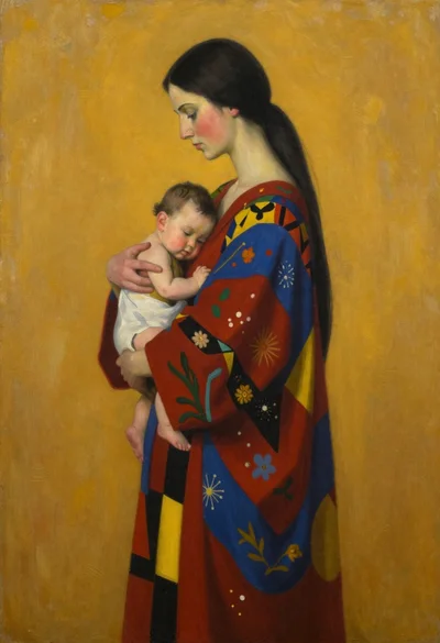 Oil painting of woman holding child with patchwork robes