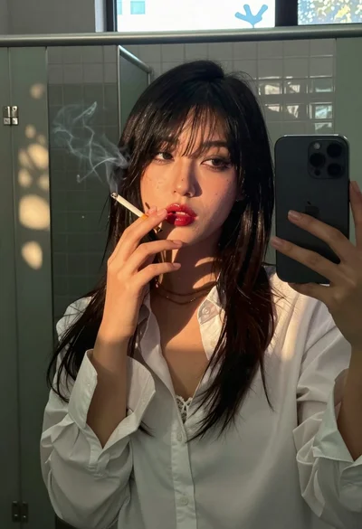 Young woman taking selfie in public restroom stall with cigarette smoke